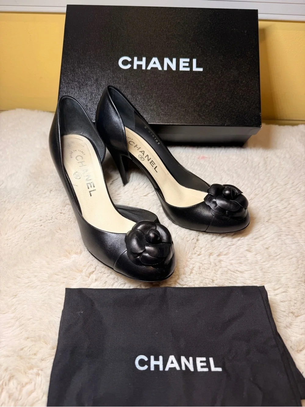 Pre-Loved Authentic Chanel Black Camellia Leather Pumps